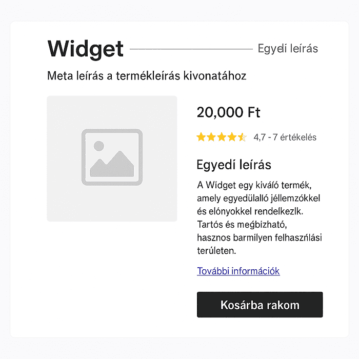 Egy SEO-optimalizált termékoldal: egyedi leírás, kulcsszavas cím, meta adatok és strukturált értékelések a Google számára is jól értelmezhető módon.
