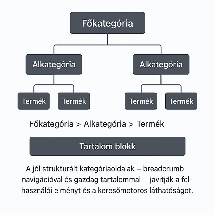 A jól strukturált kategóriaoldalak – breadcrumb navigációval és gazdag tartalommal – javítják a felhasználói élményt és a keresőmotoros láthatóságot.