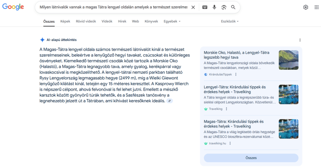 Google AI Mode interface magyar nyelven - interaktív keresési élmény