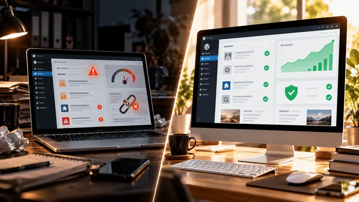 Elavult és karbantartott WordPress-weboldal összehasonlítása biztonsági figyelmeztetésekkel és rendszerellenőrzésekkel