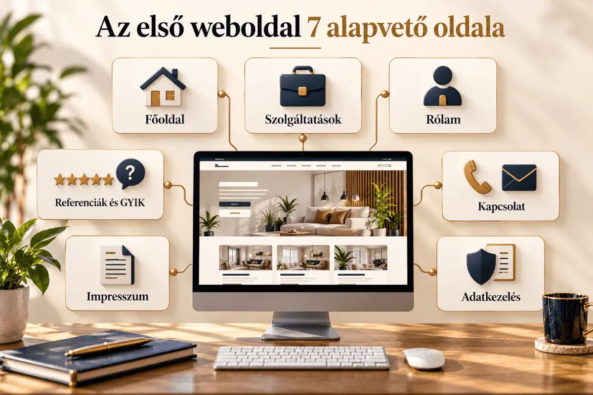 Az első vállalkozói weboldal hét alapvető oldala infografikán