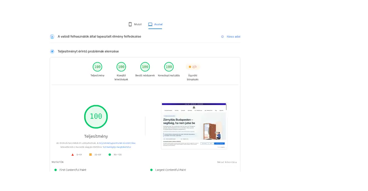PageSpeed Insights asztali mérés a zárnyitás Budapest weboldalon