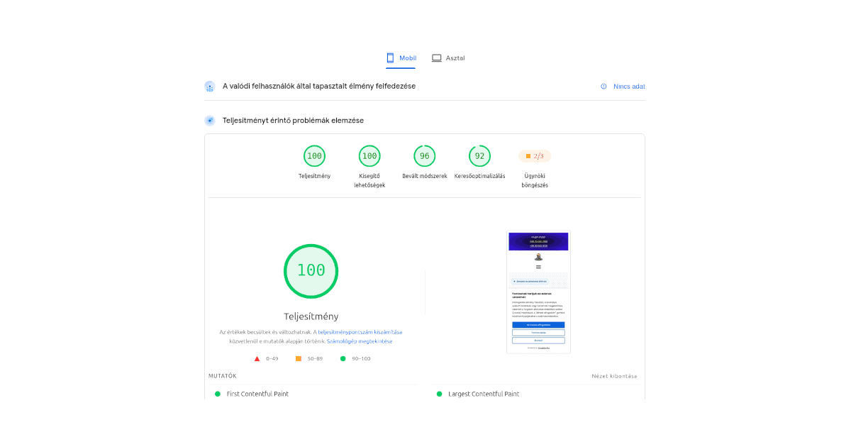PageSpeed Insights mobilos mérés a zárnyitás Budapest weboldalon
