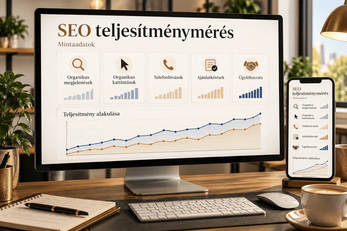 Szemléltető SEO teljesítménymérés: organikus megjelenések, kattintások, hívások, ajánlatkérések és ügyfélszerzés