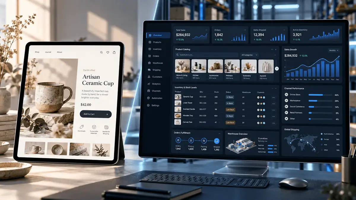 Kisebb kézműves webshop termékoldala táblagépen és összetett raktárkezelő webáruház-rendszer monitoron.