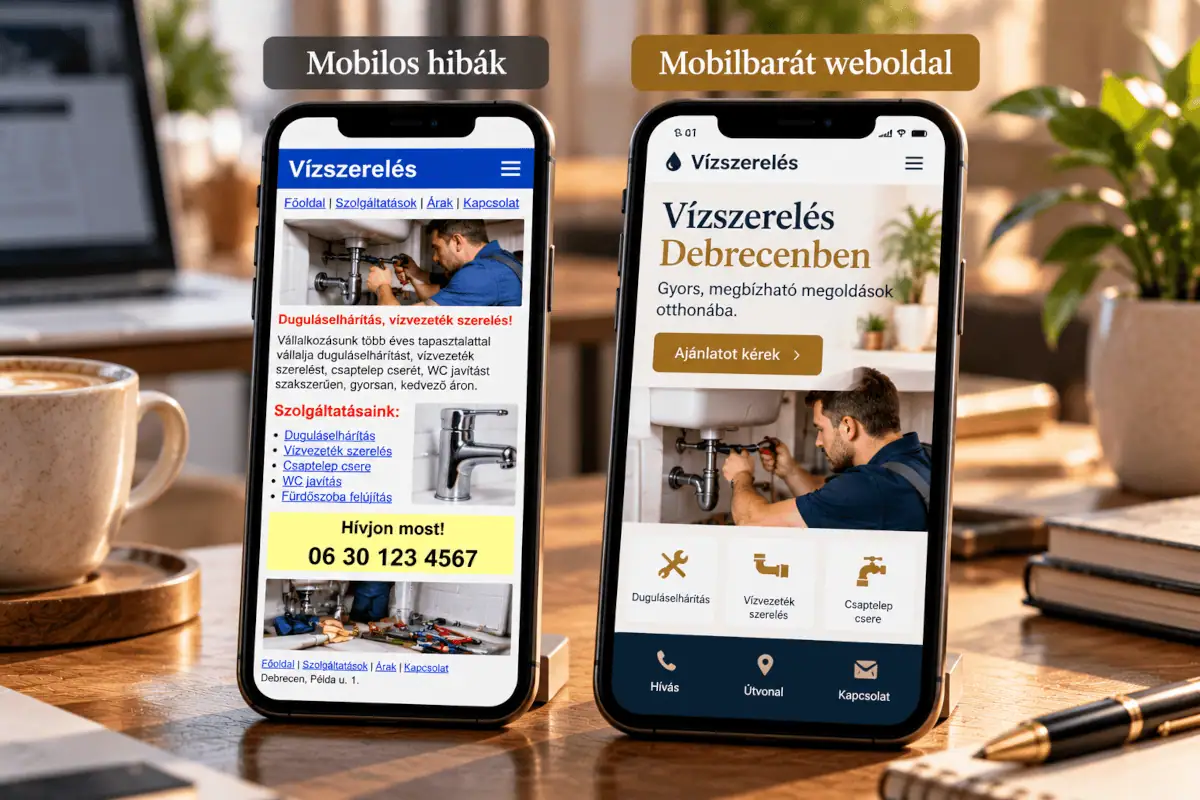 Elavult és korszerű mobilbarát weboldal összehasonlítása két telefonon