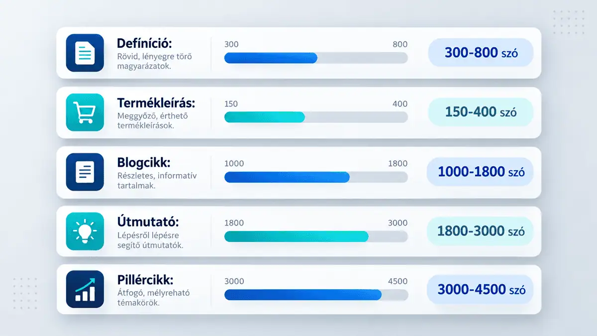SEO cikkek javasolt szószáma tartalomtípusok szerint összefoglaló infografika