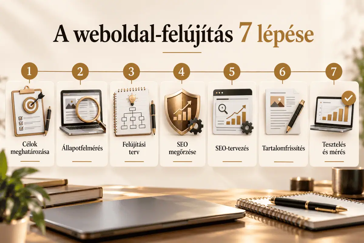 A weboldal felújítás hét lépését bemutató folyamatábra