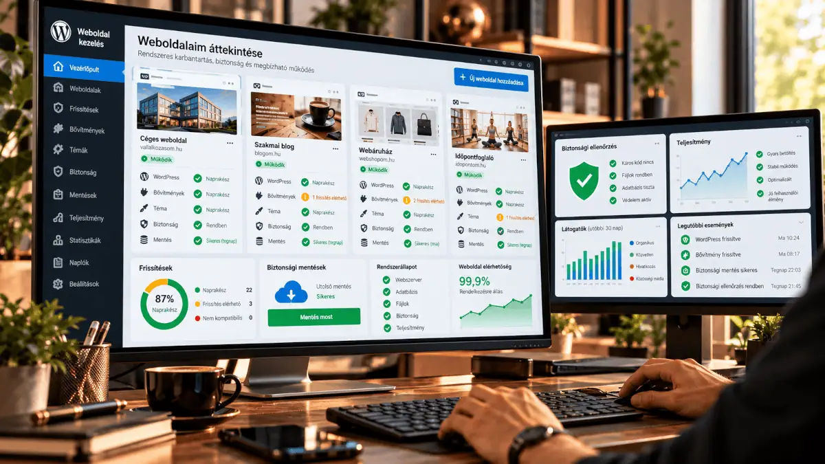 WordPress-weboldalak rendszeres karbantartását és biztonsági ellenőrzését bemutató felügyeleti rendszer