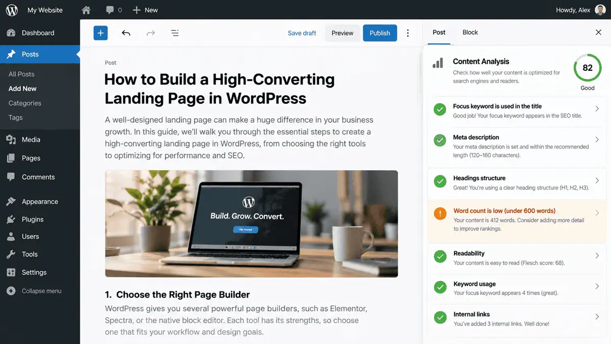 WordPress szerkesztőfelület SEO bővítmény szószám figyelmeztetéssel 600 szó alatti tartalomnál